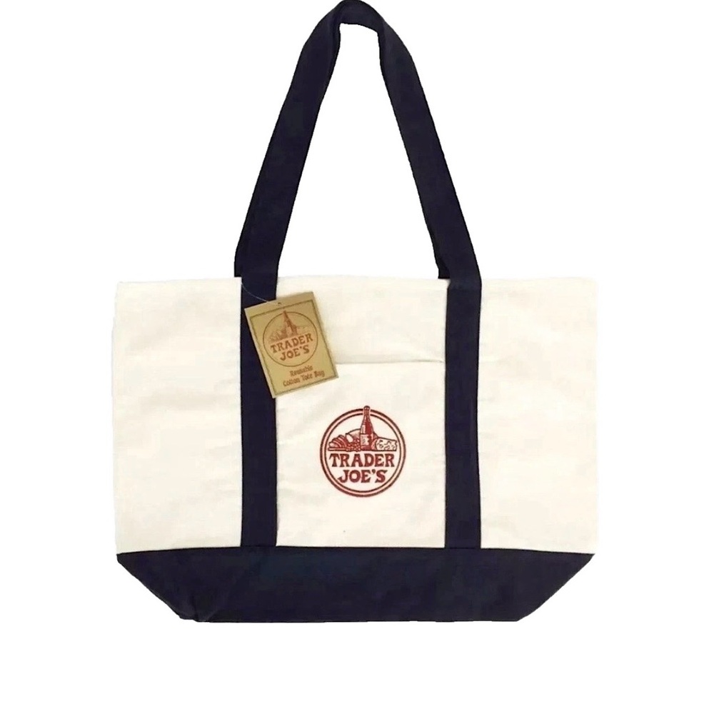 TRADER JOE'S LARGE CANVAS BAG HEAVY COTTON REUSABLE SHOPPING BAG LARGE NAVY BLUE